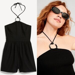 Old Navy Linen Blend O Ring Halter Romper Black Womens Large New NWT Coastal